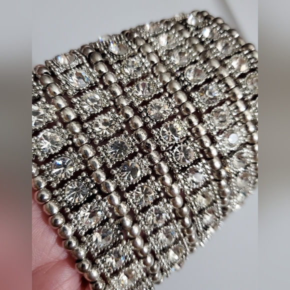 RHINESTONES cuff Bracelet stretch HUGE 5 rows silver beads heavy statement - Picture 7 of 10